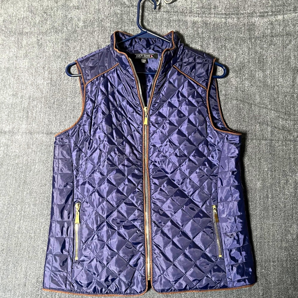 JUST-ONE Women's Quilted Vest Size M Purple Blue Full Zip Gold Accents Puffer